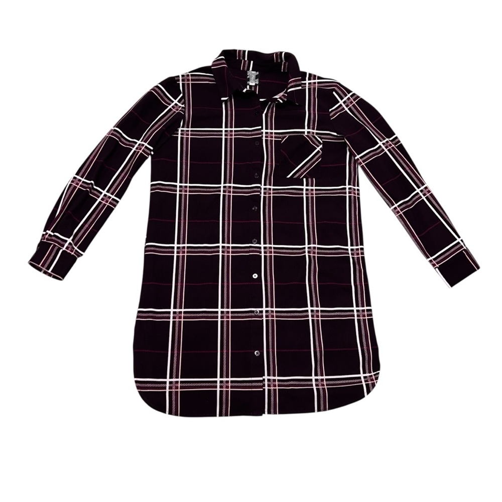Miiyu Dark Plum Tartan Plaid Flannel Shirt Dress Size Small Relaxed Fit Collared